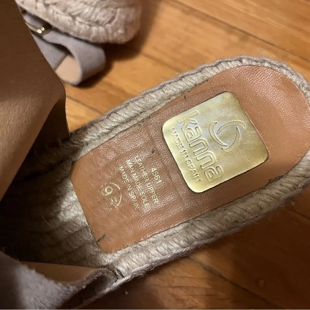 Kanna suede wedge espadrille sandals taupe grey beige double ankle buckle 9.5 41